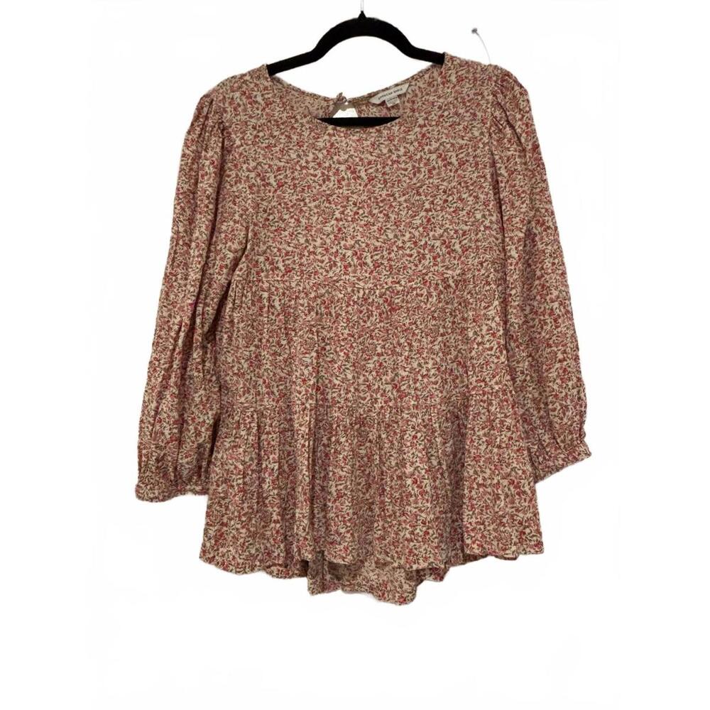 Amerian Eagle beige/pink peasant boho floral blouse extremely oversized XS #1648